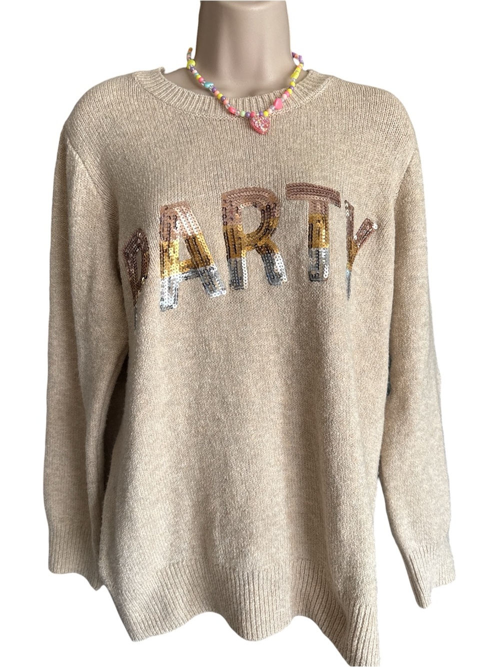 Terra & Sky Beige Sequin 'PARTY' Crewneck Sweater super Soft